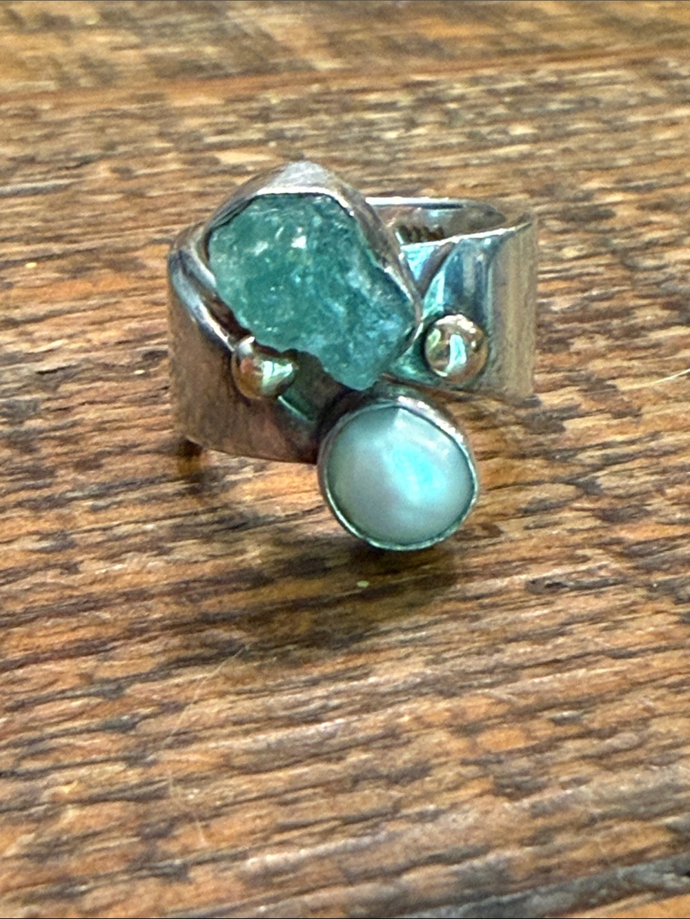 Lilly Barrack Sterling Silver Ring with Aquamarine & Opalescent Cabochon.